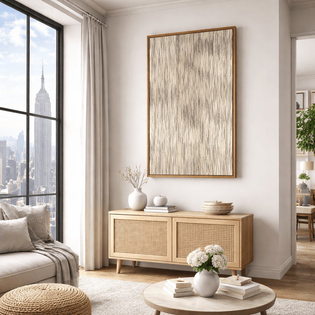 Beige Abstract Minimalist Wall Art Canvas Print - Soft Rain Lines modern abstract canvas wall art by Rossetti Art – luxury interior design artwork for living room, bedroom, office – ready to hang wall canvas unique home decor vertical