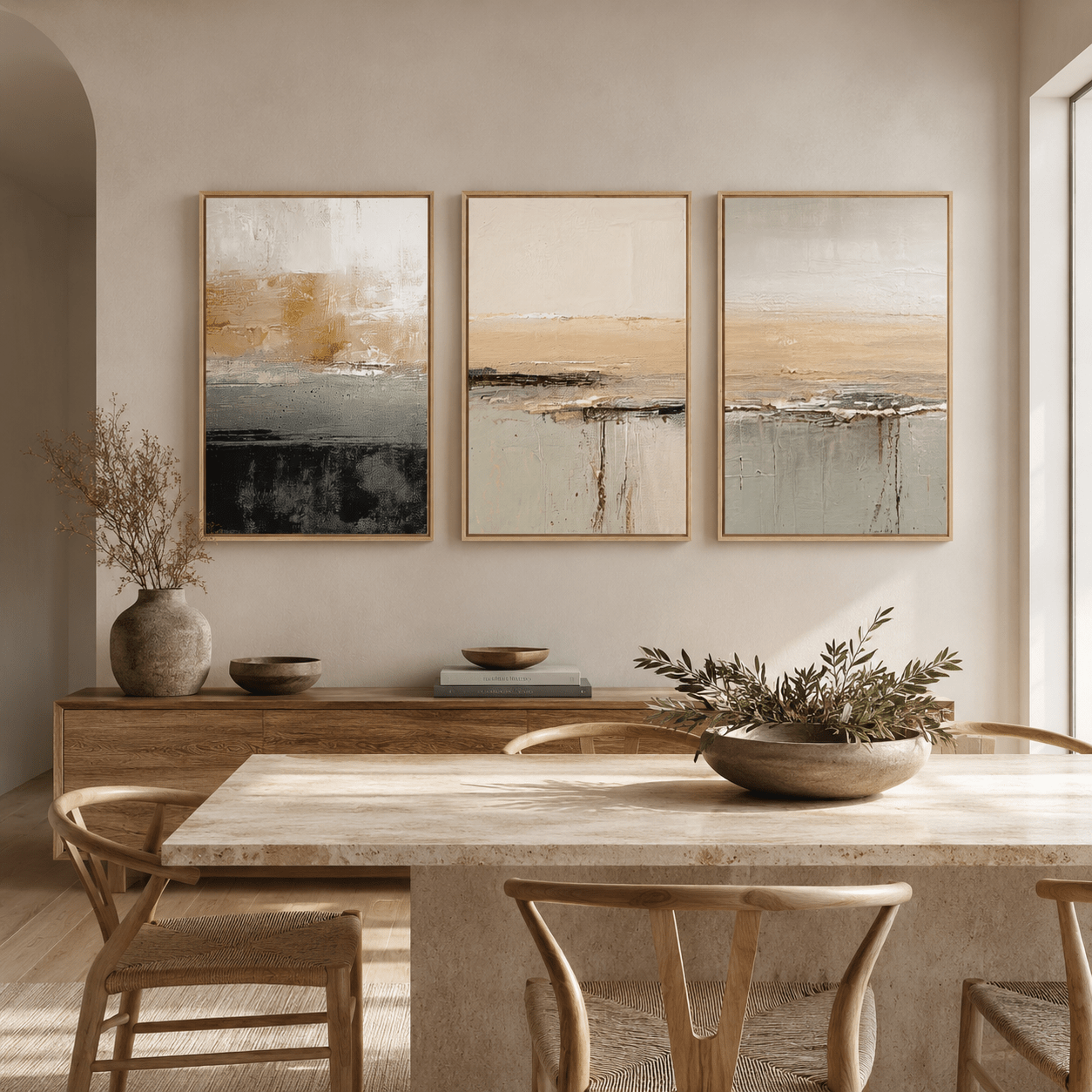 Beige Abstract Original Painting — Shore Set of 3 by Rossetti Art