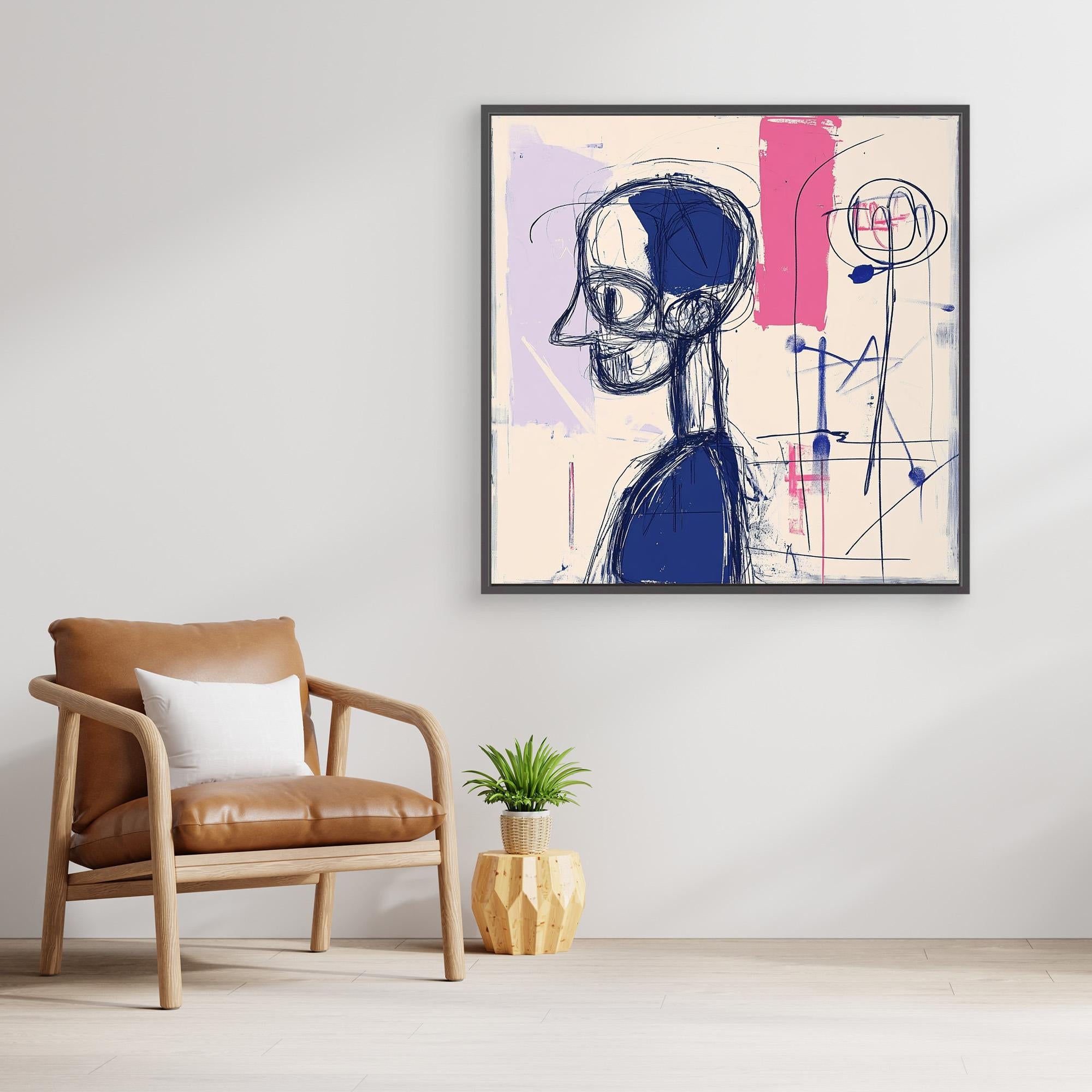 Abstract Contemplation - Modern Abstract Line Art Print | Blue and Pink Abstract Portrait | Contemporary Wall Art for Home or Office Decor