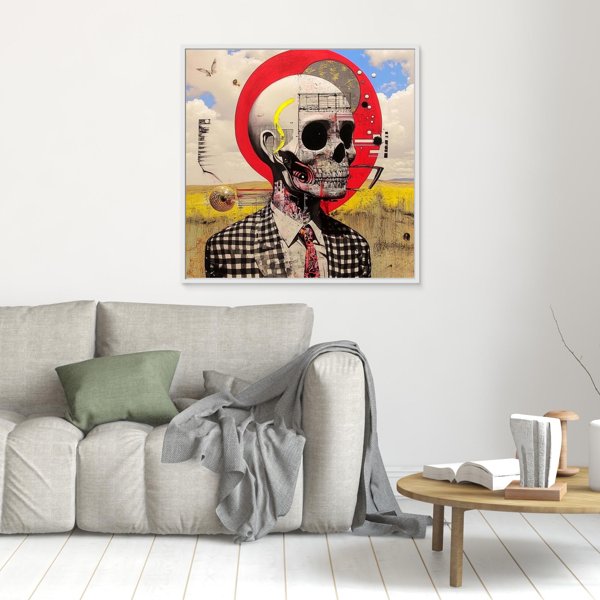 Canvas Print : Skull Reverie - Surreal Skull Art Print – Modern Mixed Media Wall Decor with Red Accents