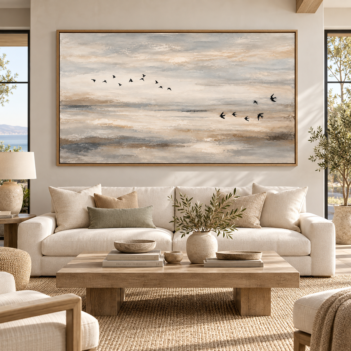 Birds in Flight Wall Art – Soft Passage canvas print above a cream sofa in a bright living room, by Rossetti Art
