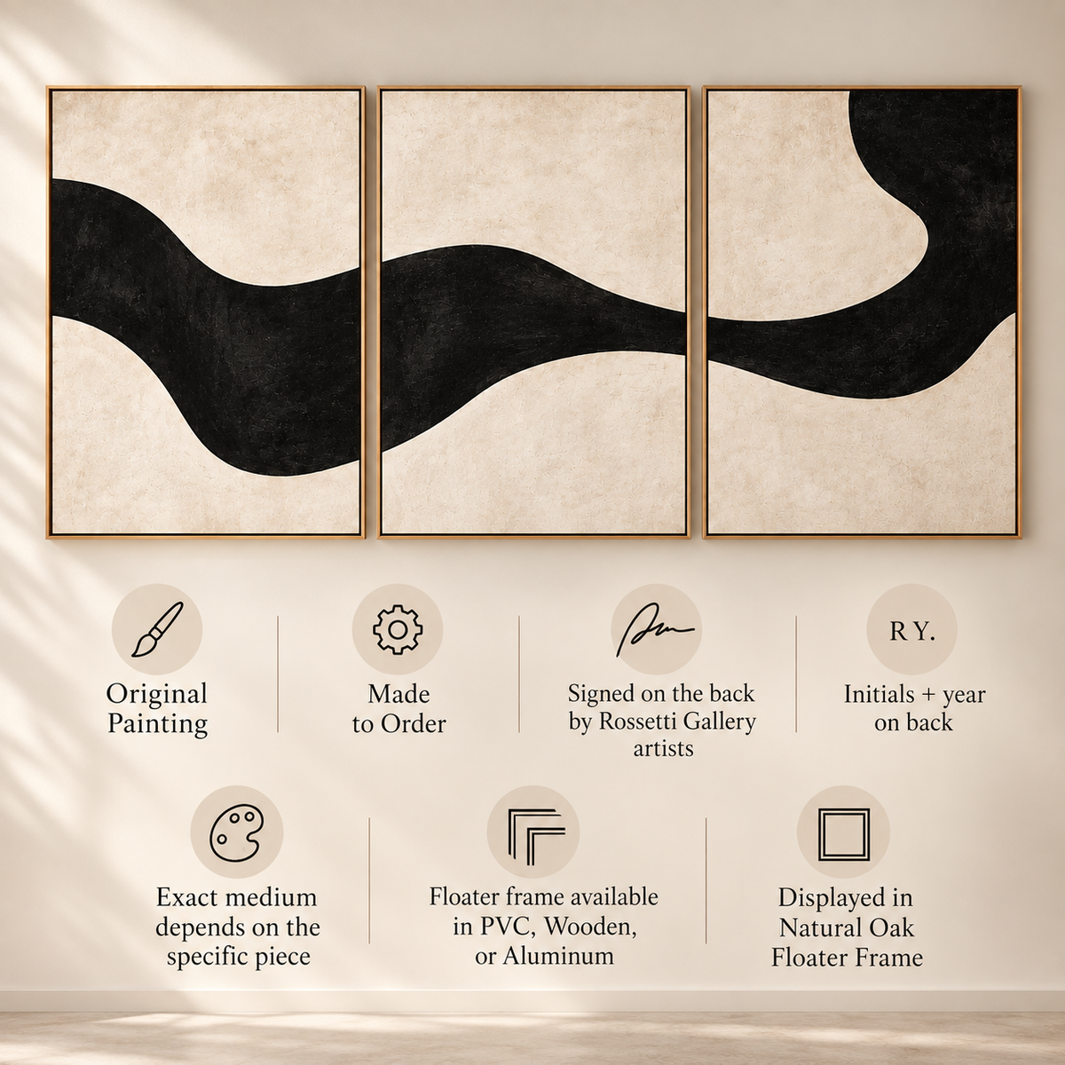 Black and Cream Abstract Art Set of 3 – Ink Ribbon by Rossetti Art
