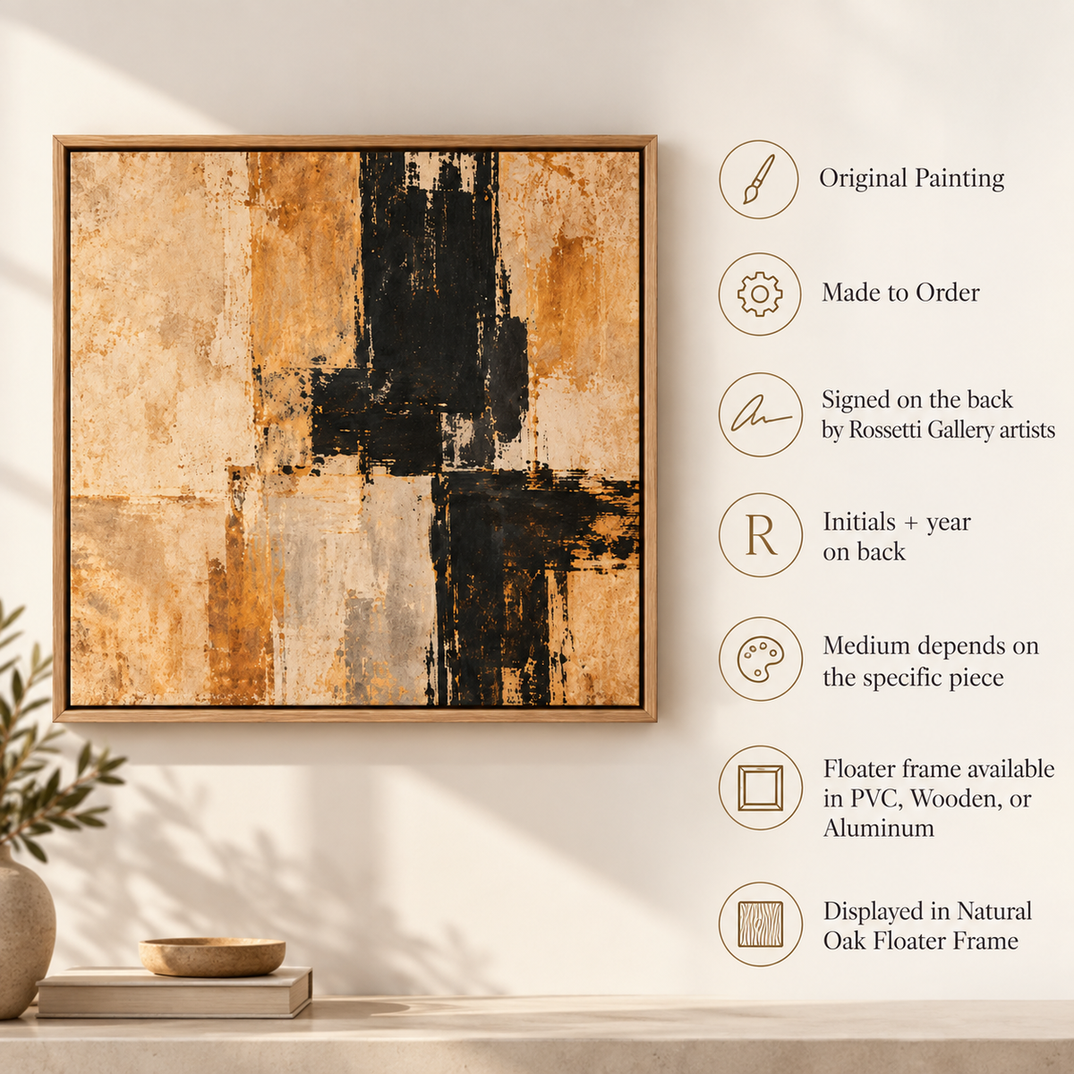 Black and Gold Abstract Painting – Rust & Ash by Rossetti Art