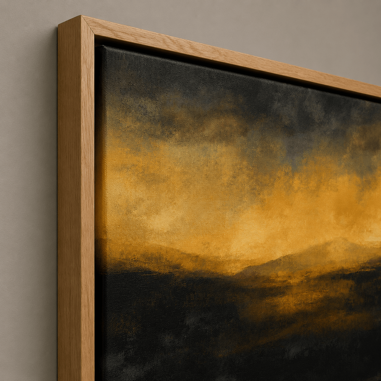 Ember Horizon black and gold landscape wall art shown as a framed horizontal canvas