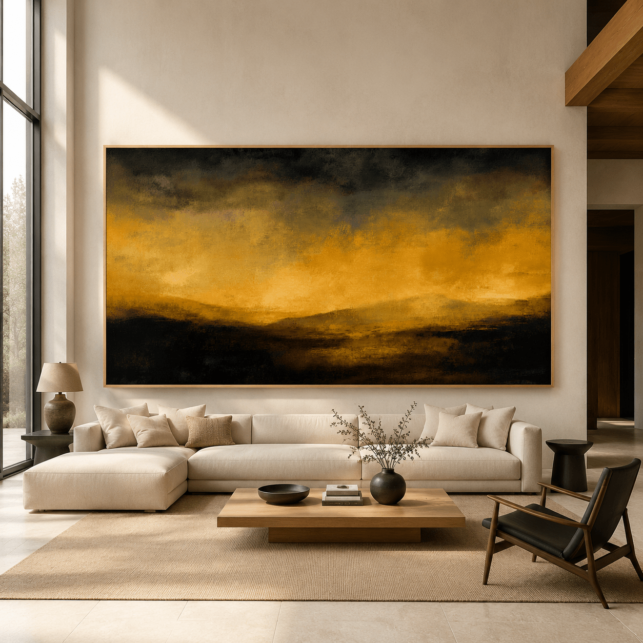 Close-up detail of Ember Horizon black and gold landscape canvas with framed edge