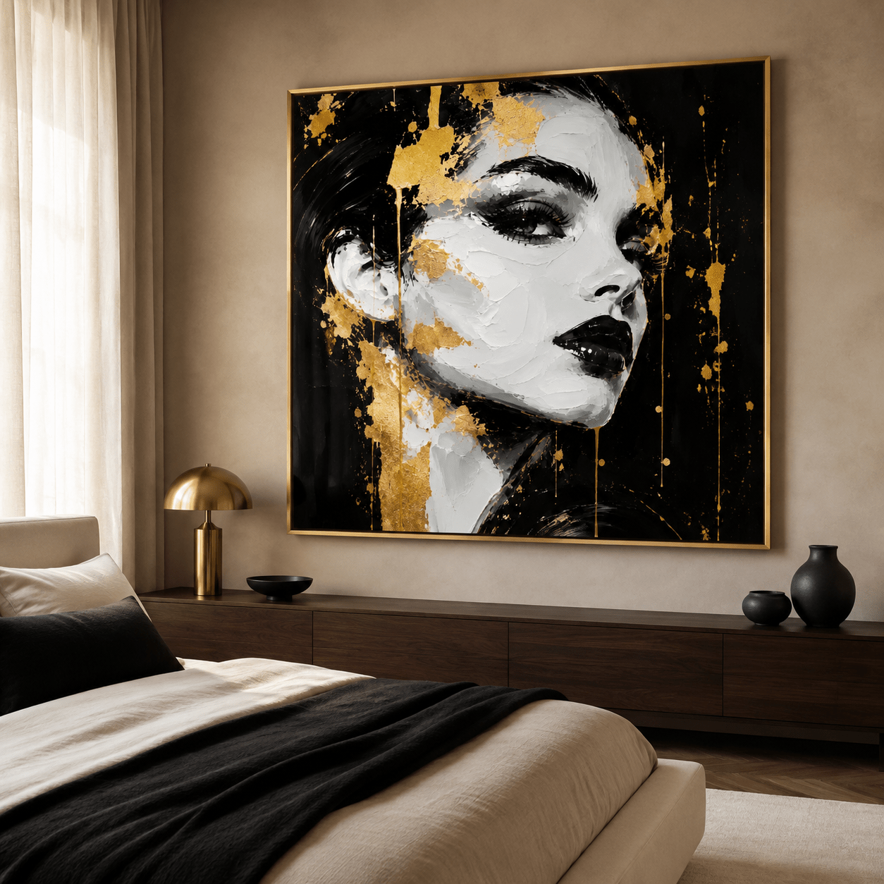 Black and gold painting canvas print in a gold frame above a bedroom console — Gilded Muse by Rossetti Art