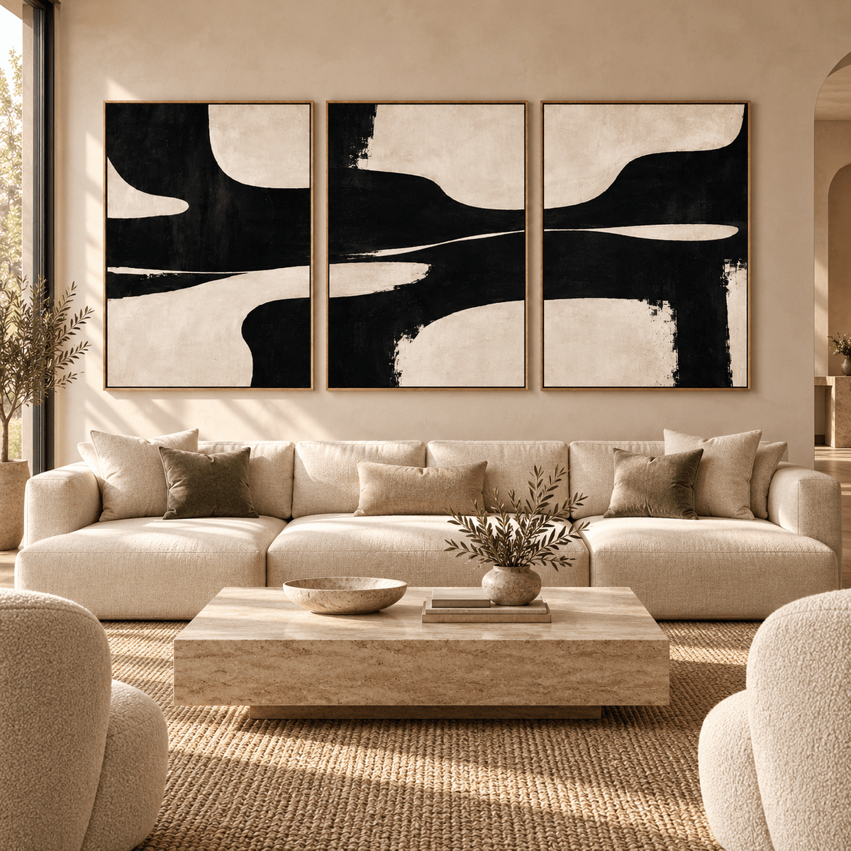Tidal Drift black and white abstract canvas triptych above a console in a living room – Rossetti Art