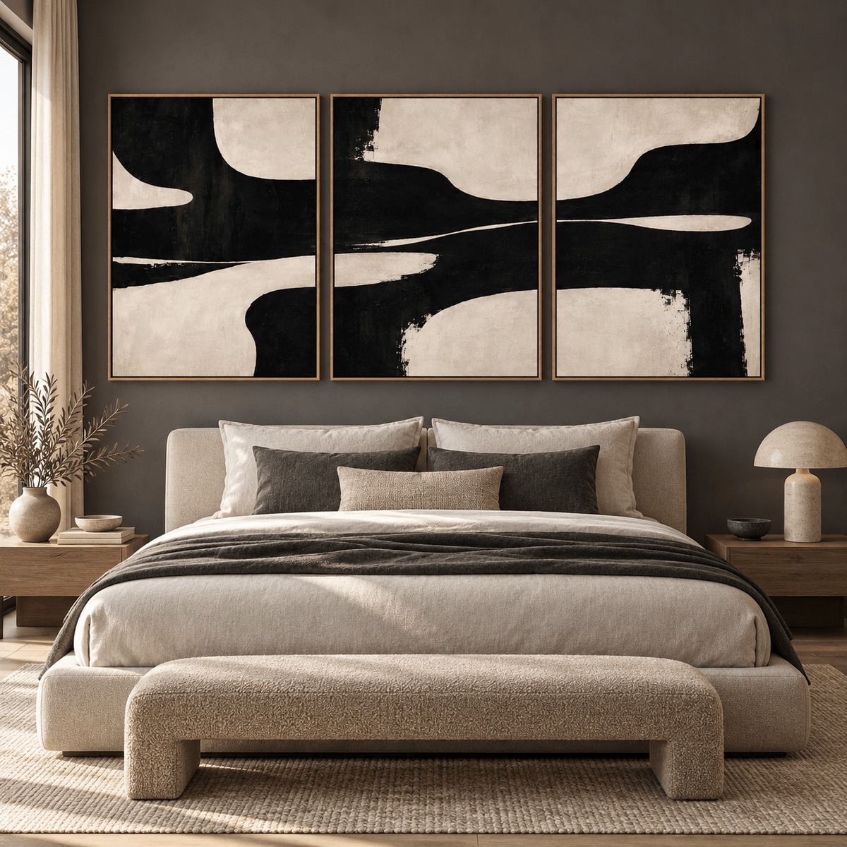 Tidal Drift black and white abstract canvas triptych above a bed in a bedroom – Rossetti Art
