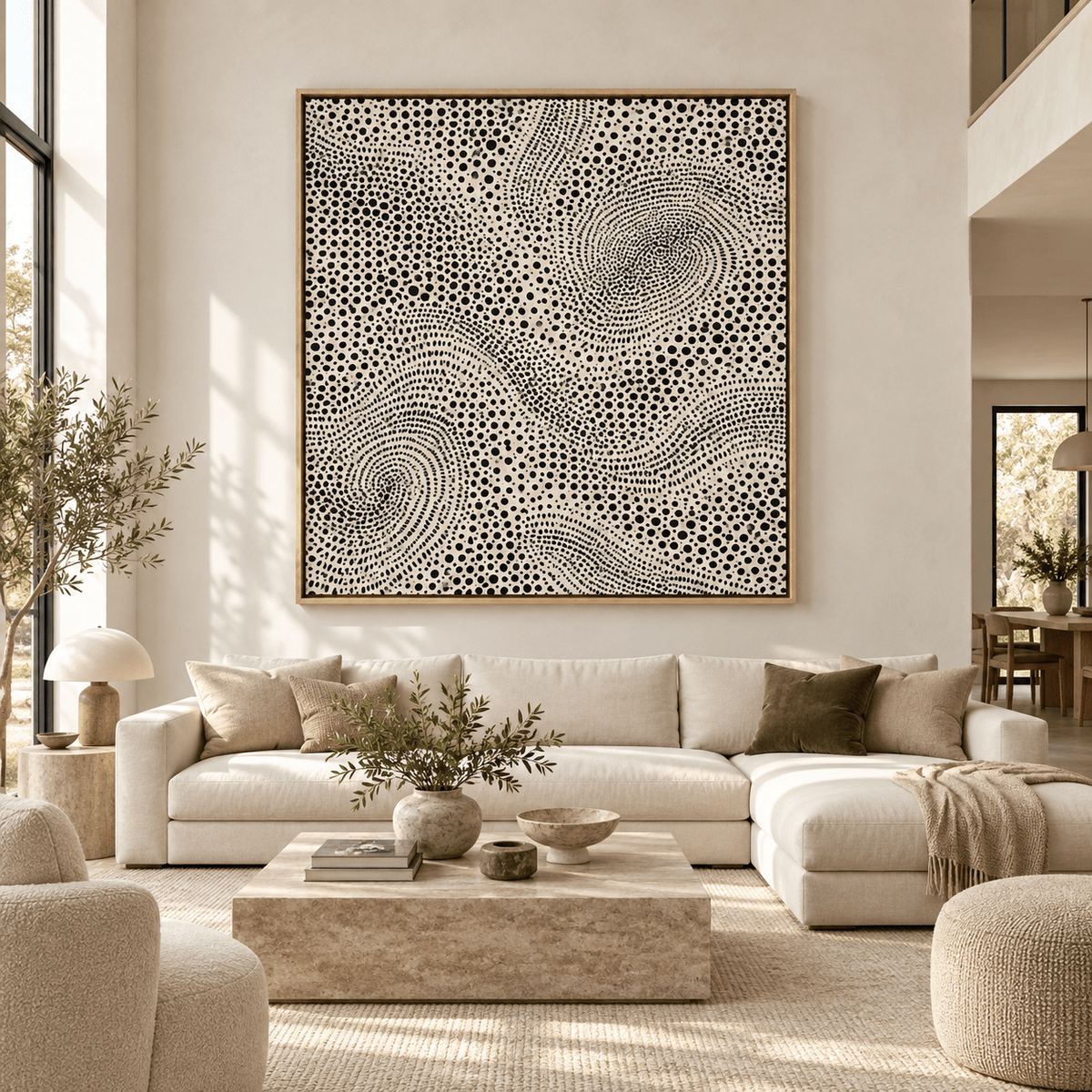 Square black and white dotted abstract wall art displayed in a modern neutral dining room