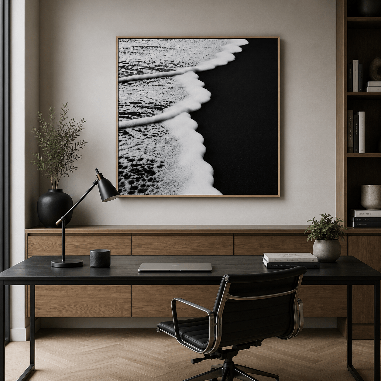 Black and White Beach Art Canvas Print — Obsidian Shore by Rossetti Art