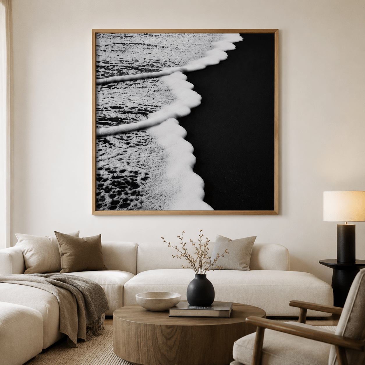 Black and White Beach Art Canvas Print — Obsidian Shore by Rossetti Art