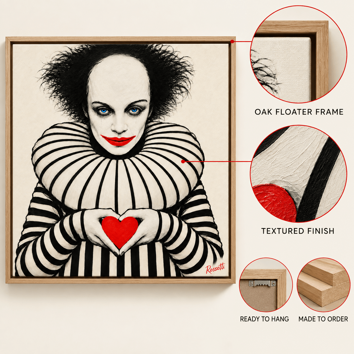 Oversized black and white clown canvas art in a contemporary living room