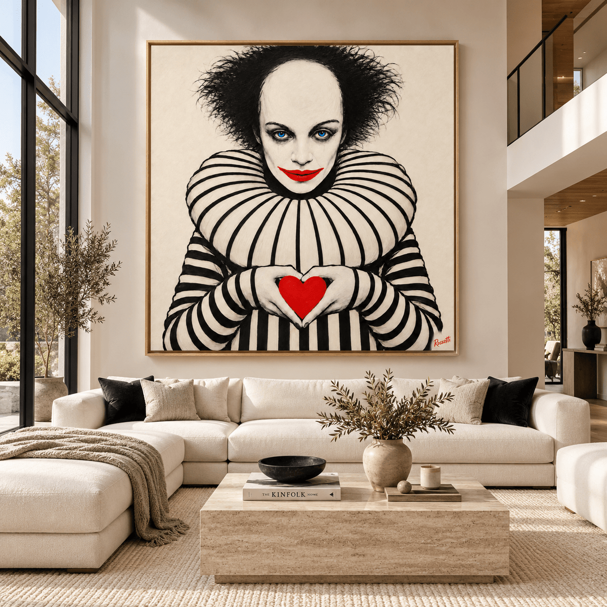 Square clown canvas print with red heart displayed in a modern interior