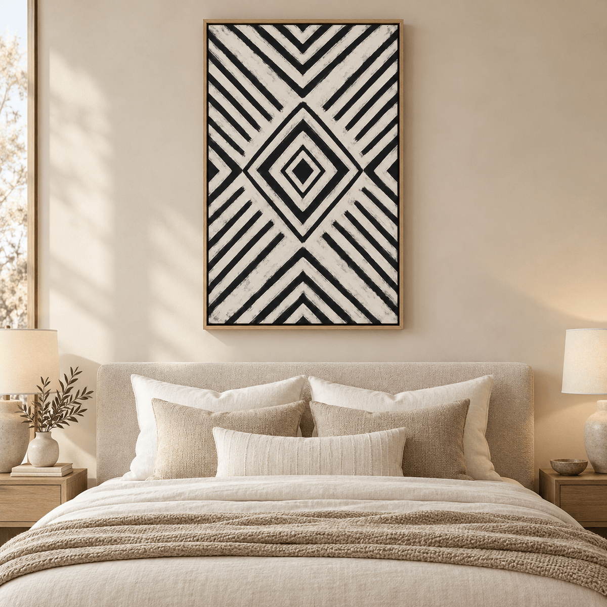 Black and ivory abstract geometric wall art displayed in a neutral room