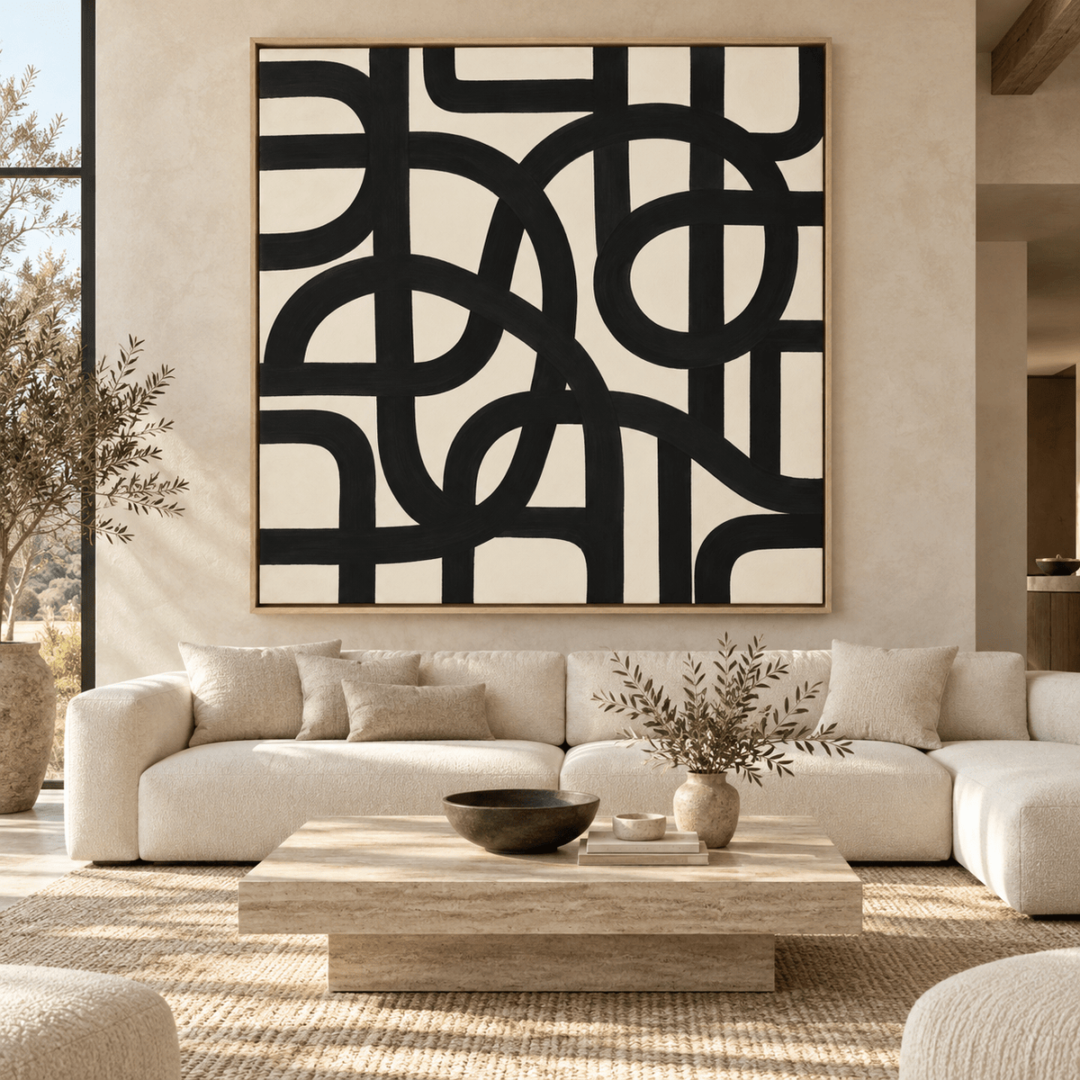 Interwoven Rhythm black and white abstract canvas print in a modern interior