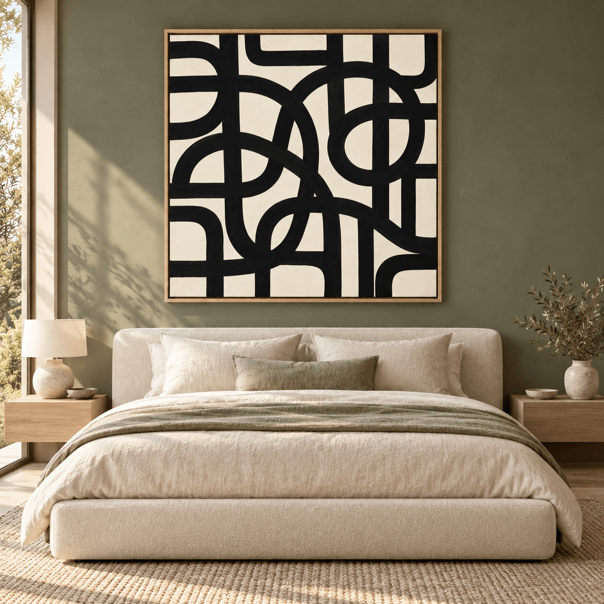 Black and white geometric wall art in an oversized living room — Interwoven Rhythm by Rossetti Art