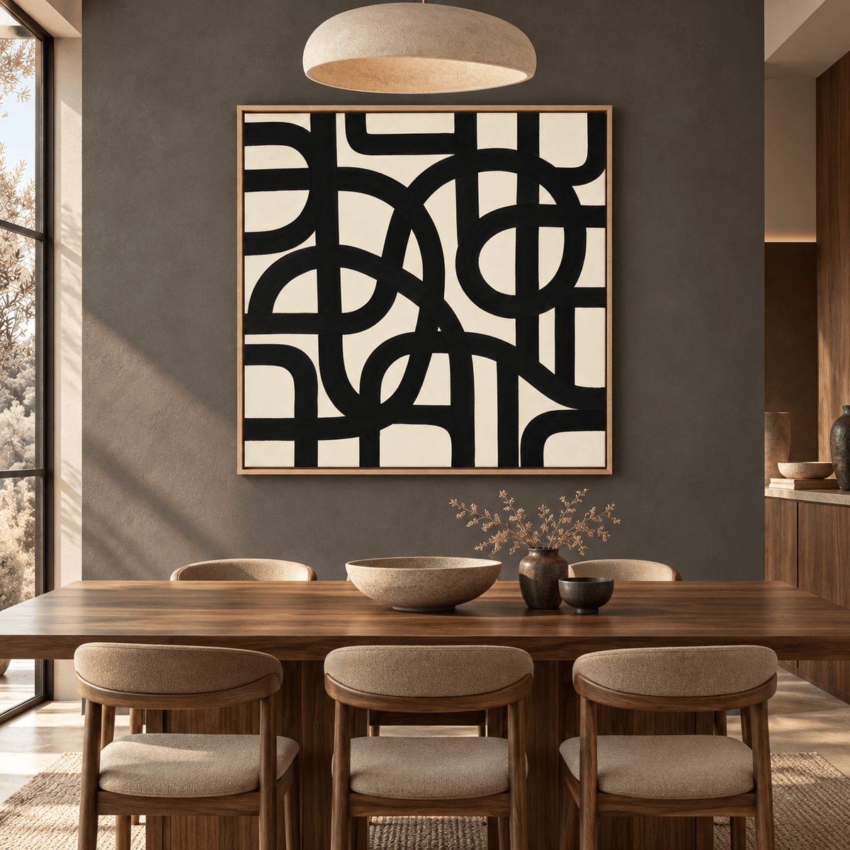 Square black and white geometric canvas print displayed in a contemporary room