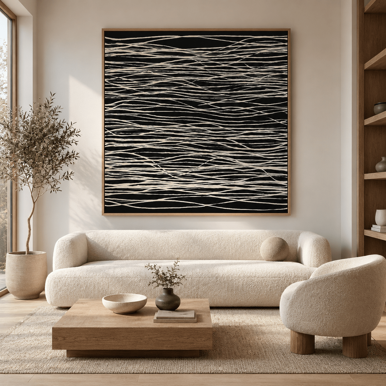 Black and white line art canvas print – Woven Current, floater frame detail, by Rossetti Art