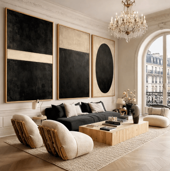 Black and White Minimalist Original Painting Set of 3 – Ivory Eclipse Framed