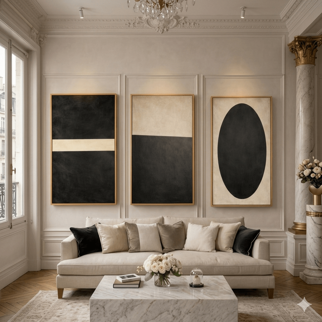 Black and White Minimalist Original Painting Set of 3 – Ivory Eclipse Framed