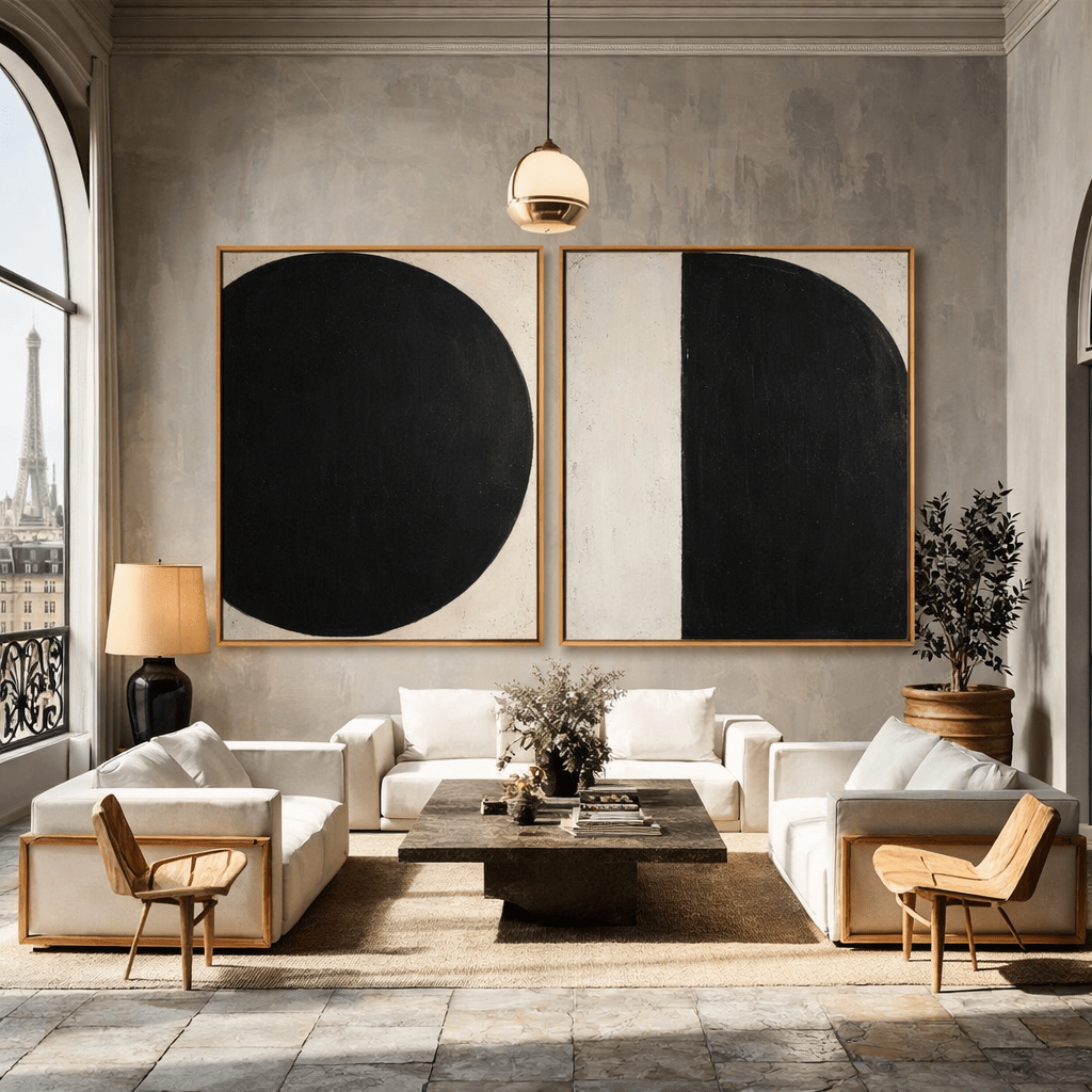 Black and White Original Painting Set of 2 - Eclipse of Silence on Linen Canvas