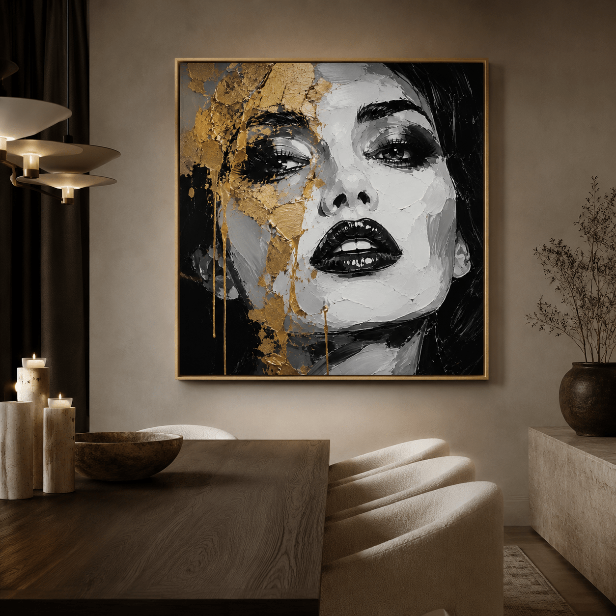 Black and white portrait painting with gold accents above a dining room table – Gilded Descent by Rossetti Art
