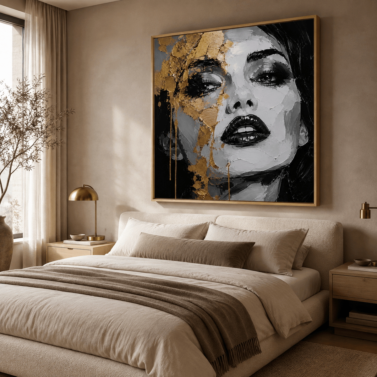 Close-up of hand-built palette-knife texture and gold leaf detail in an oak floater frame – Gilded Descent by Rossetti Art