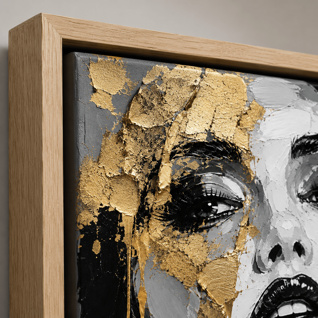 Black and white portrait painting with dripping gold accents above a modern living room sofa – Gilded Descent by Rossetti Art