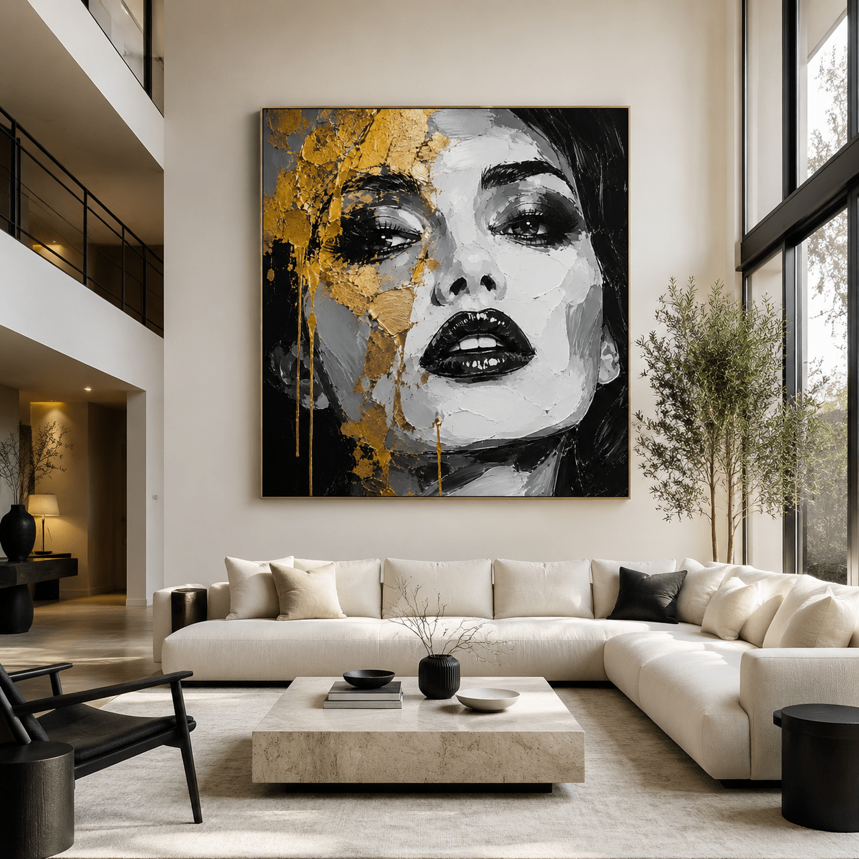 Black and white portrait painting with gold accents above a bedroom headboard – Gilded Descent by Rossetti Art