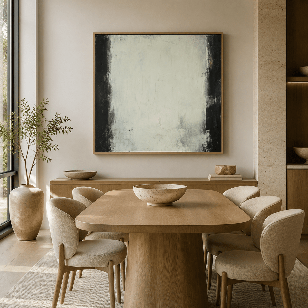 Black and white wall art canvas hung in a modern dining room – Quiet Divide by Rossetti Art