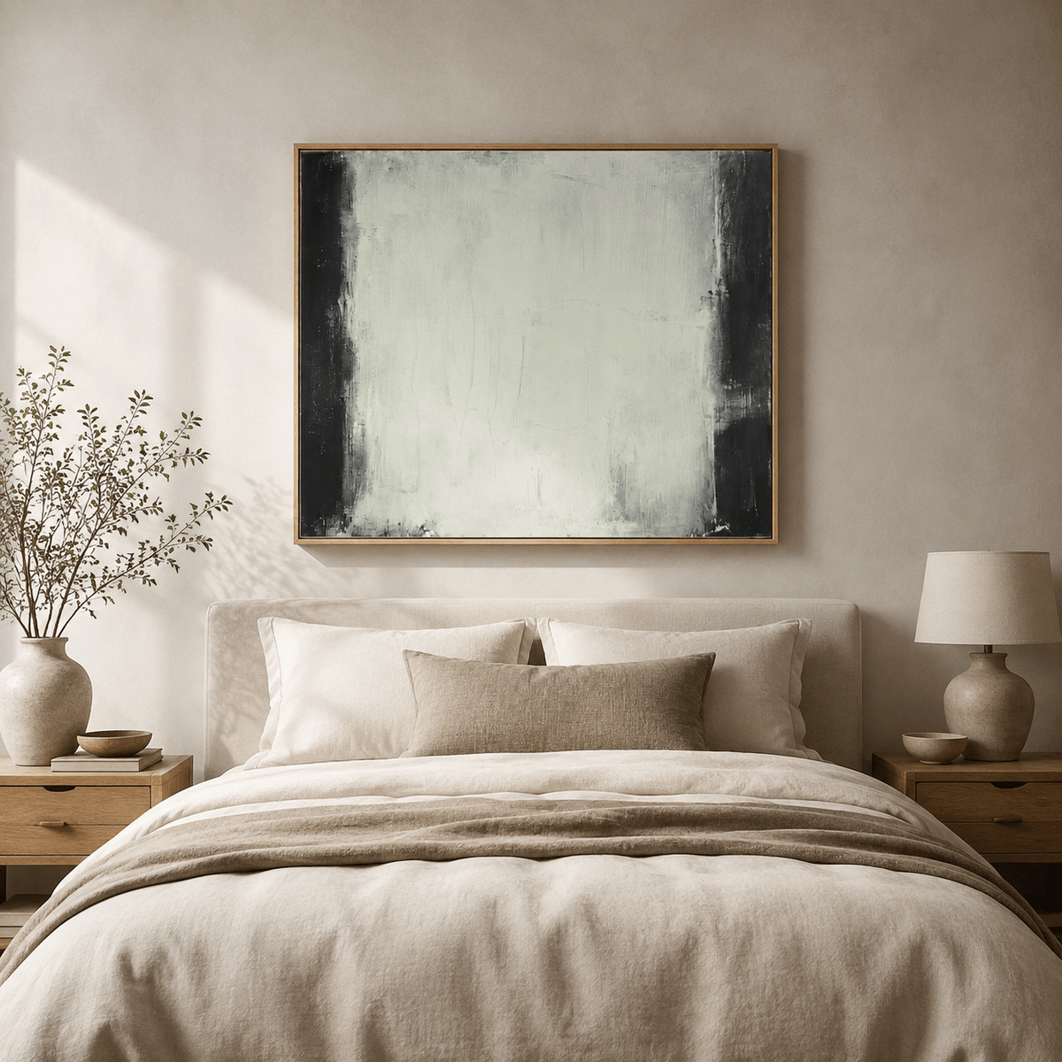 Black and white wall art canvas styled above the bed in a neutral bedroom – Quiet Divide by Rossetti Art
