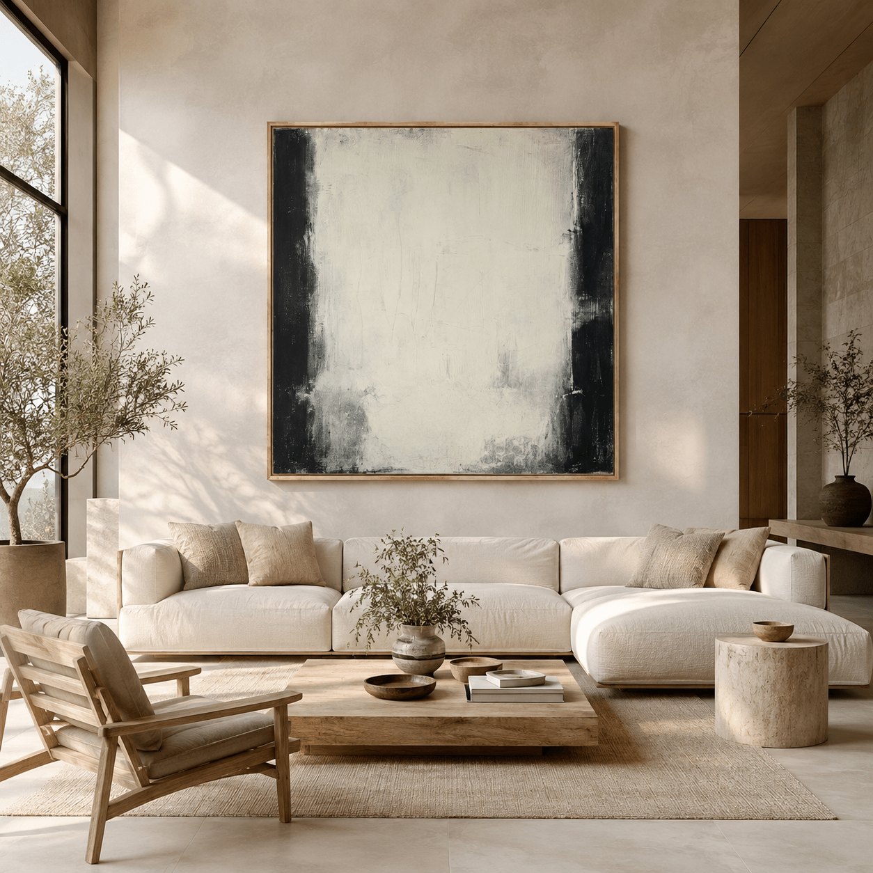 Black and white wall art canvas as a living room feature wall – Quiet Divide by Rossetti Art