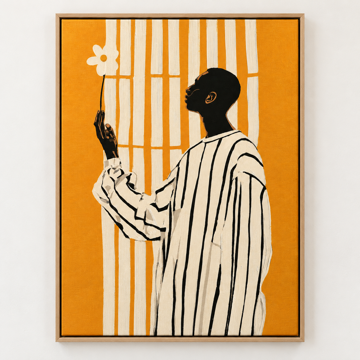 Black Art Wall Art – Sunlit Offering by Rossetti Art, vertical canvas print of a figure in profile holding a white daisy on orange with cream stripes