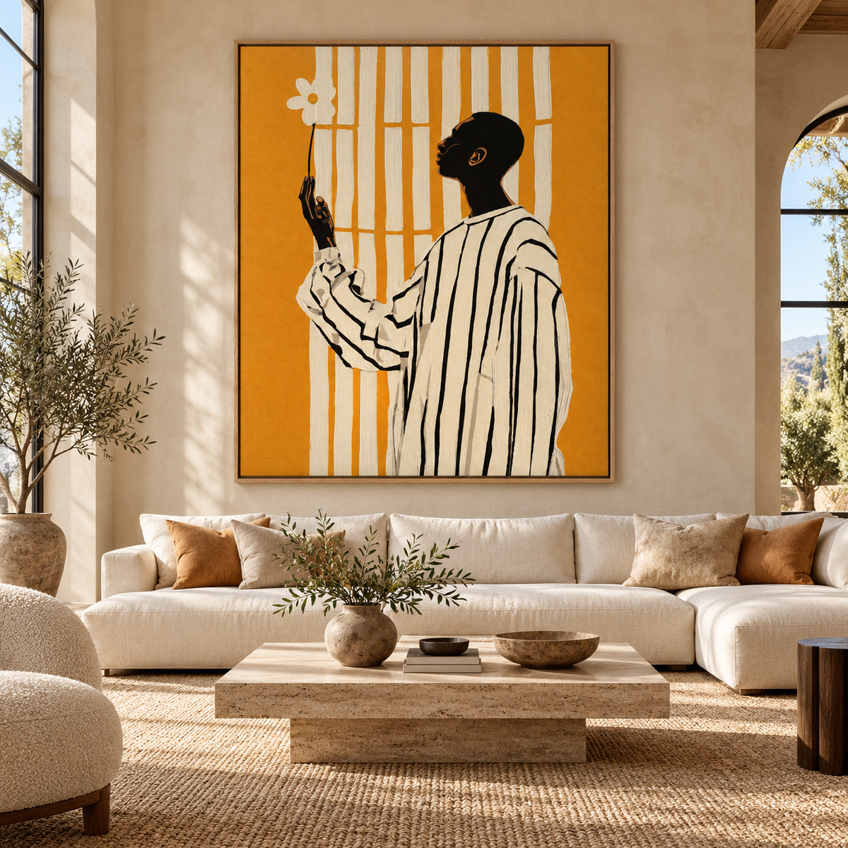 Black Art Wall Art – Sunlit Offering by Rossetti Art, large canvas print above a cream sofa in a sunlit living room