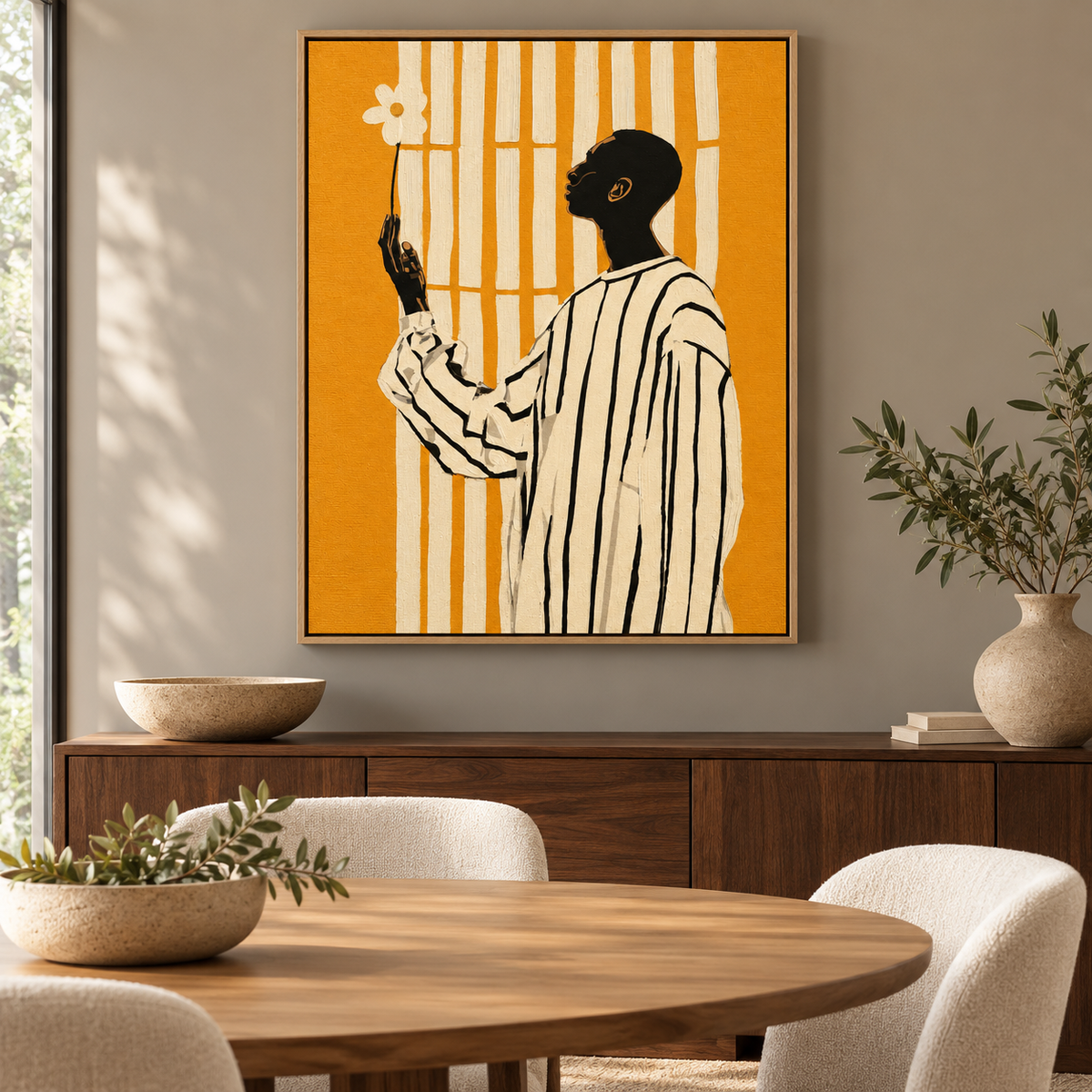 Black Art Wall Art – Sunlit Offering by Rossetti Art, canvas print above a sideboard in a warm dining room