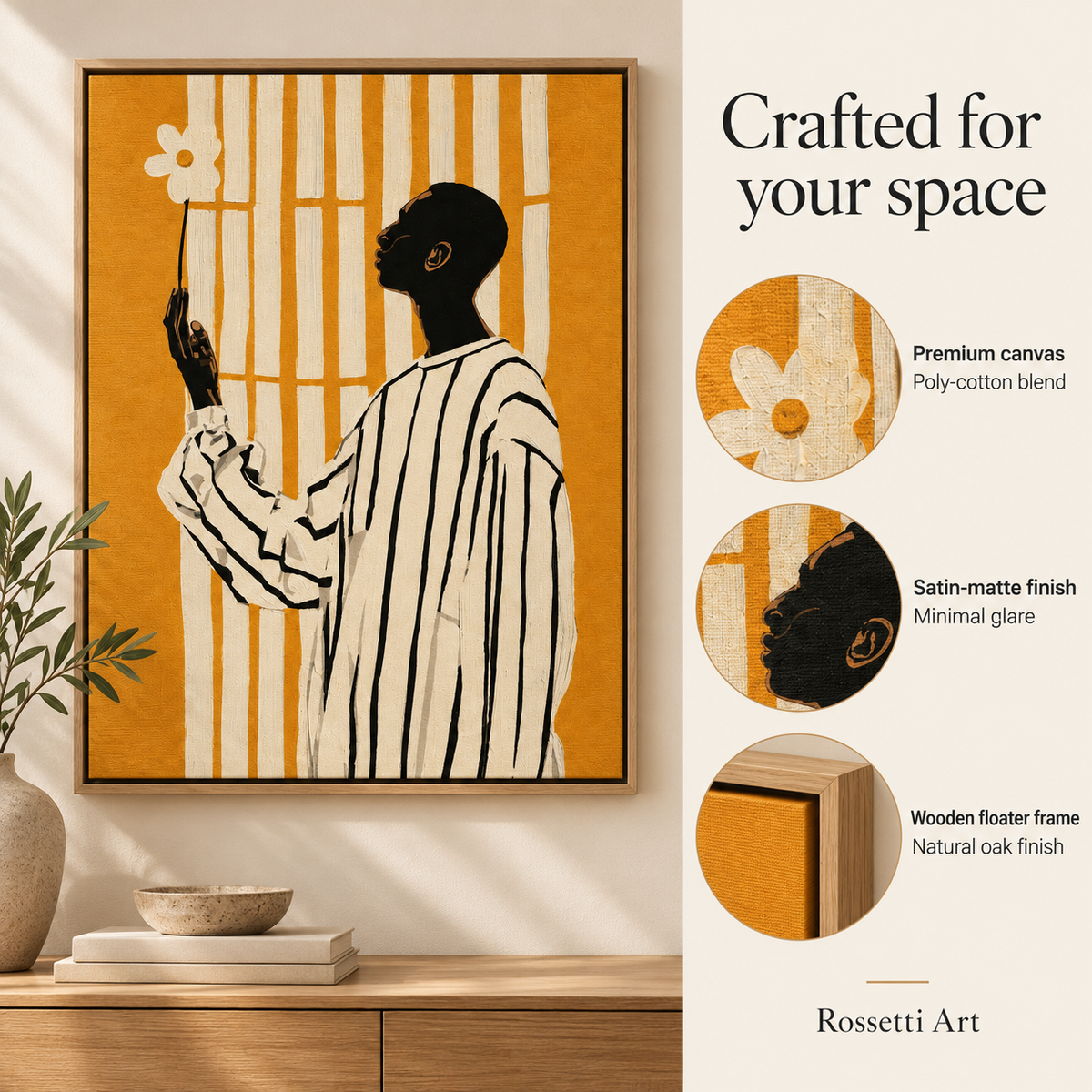 Black Art Wall Art – Sunlit Offering by Rossetti Art, premium canvas, satin-matte finish and floater frame details
