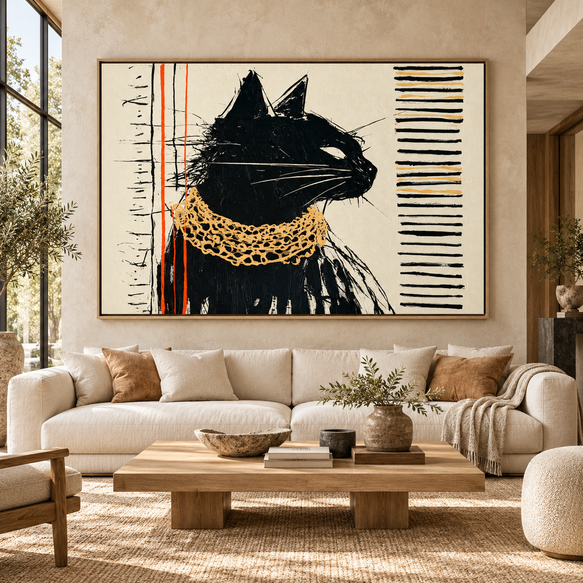 Black Cat Art Print Canvas – Gilded Stare by Rossetti Art, black cat with a gold chain above a cream sofa