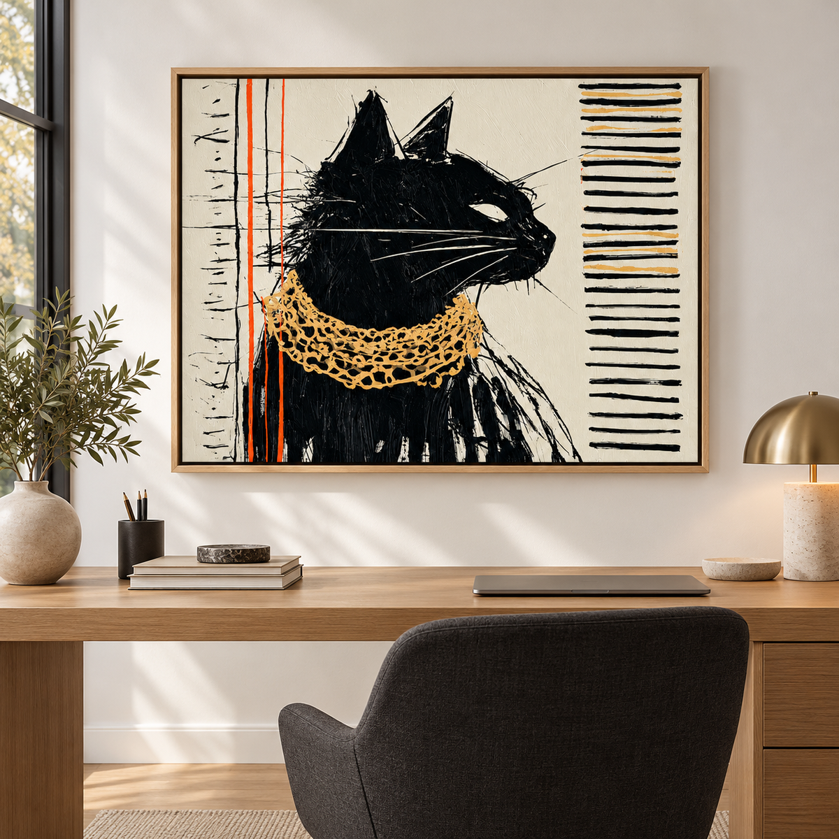 Black Cat Art Print Canvas – Gilded Stare by Rossetti Art, framed horizontal canvas above a desk