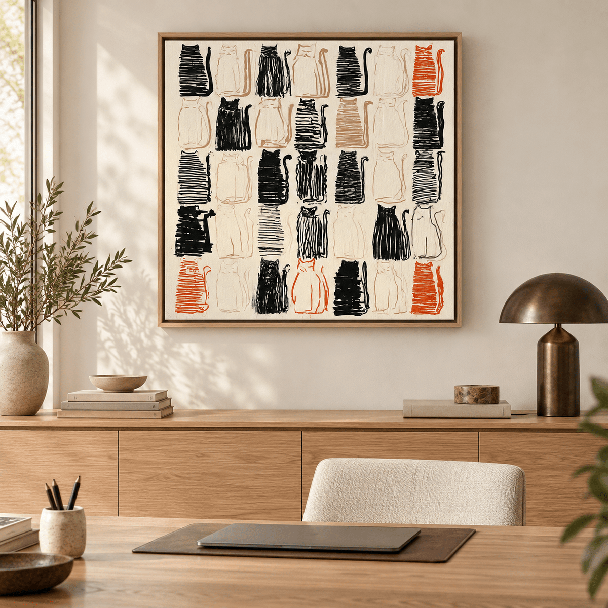 Feline Rows black cat painting displayed in a home office by Rossetti Art
