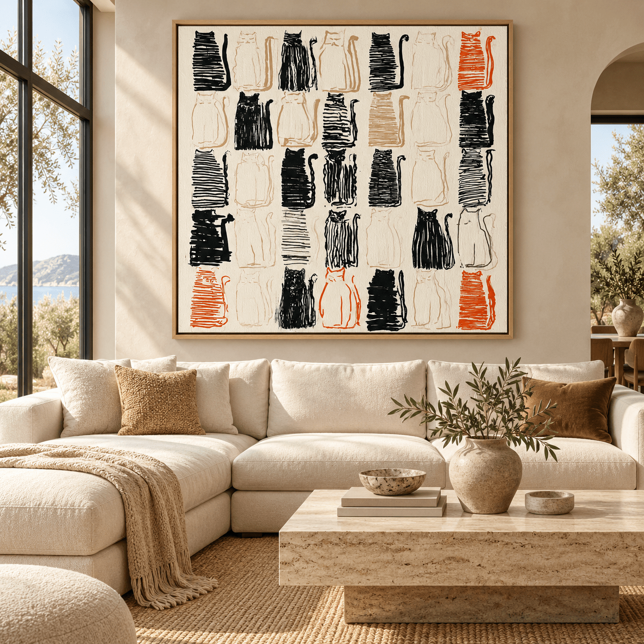 Black cat painting in a bold grid pattern – Feline Rows by Rossetti Art