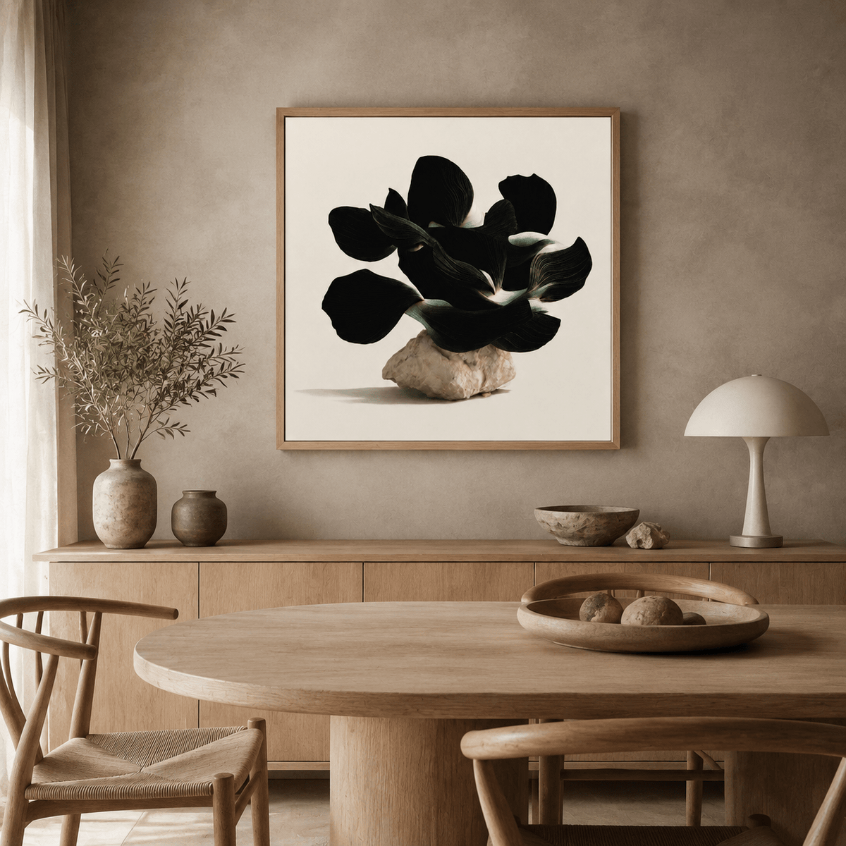 Black flower wall art displayed in a dining room – Obsidian Bloom by Rossetti Art