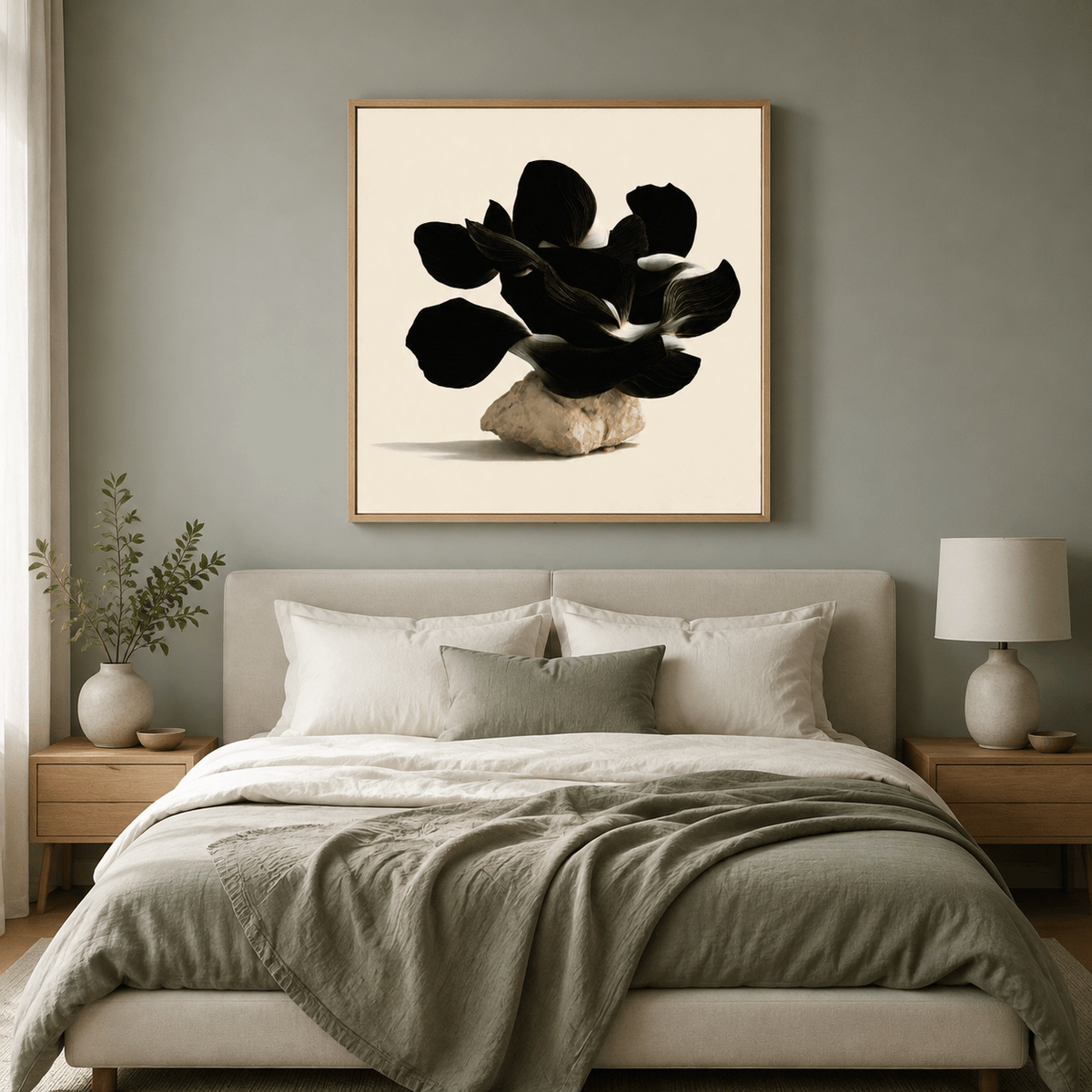 Black flower wall art above the bed in a sage green bedroom – Obsidian Bloom by Rossetti Art