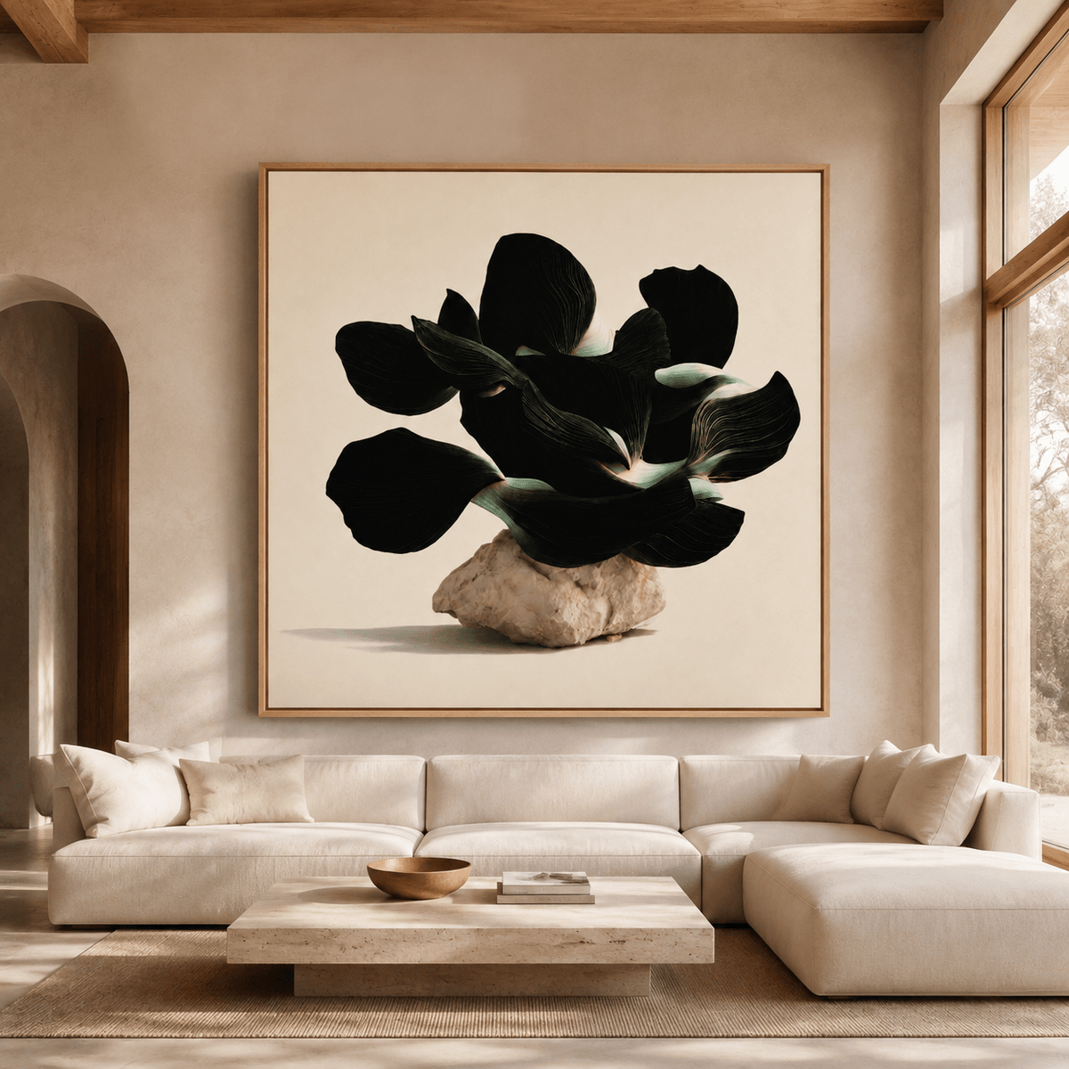 Black flower wall art as an oversized living room statement piece – Obsidian Bloom by Rossetti Art