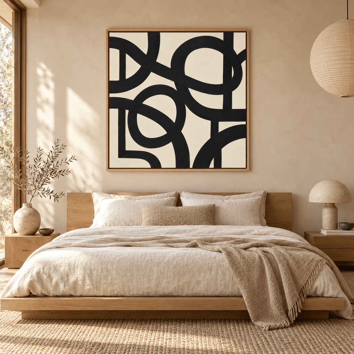 Square black line abstract painting in an oak frame above a bed