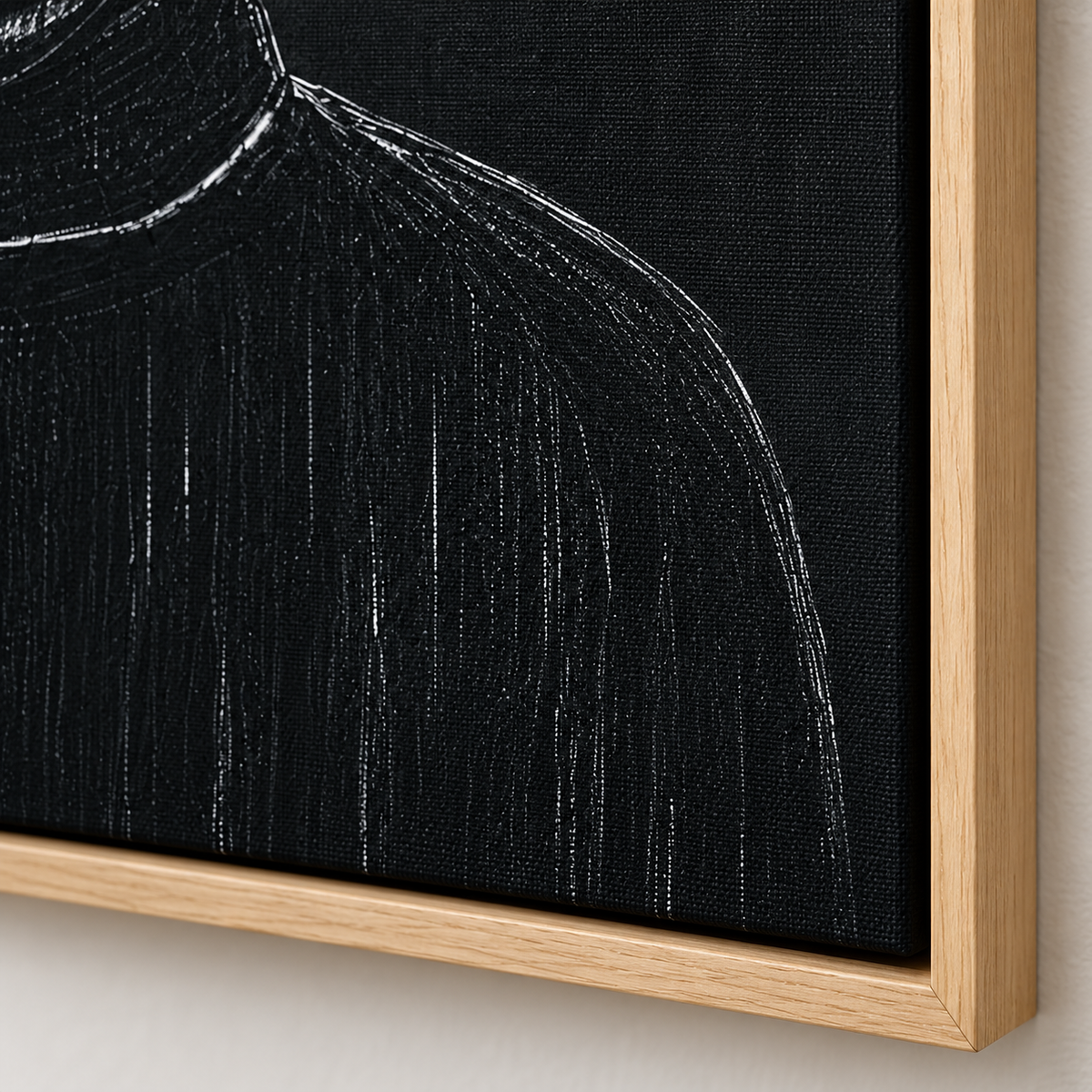 Black Portrait Painting Canvas Print – Midnight Gaze floater frame corner detail by Rossetti Art