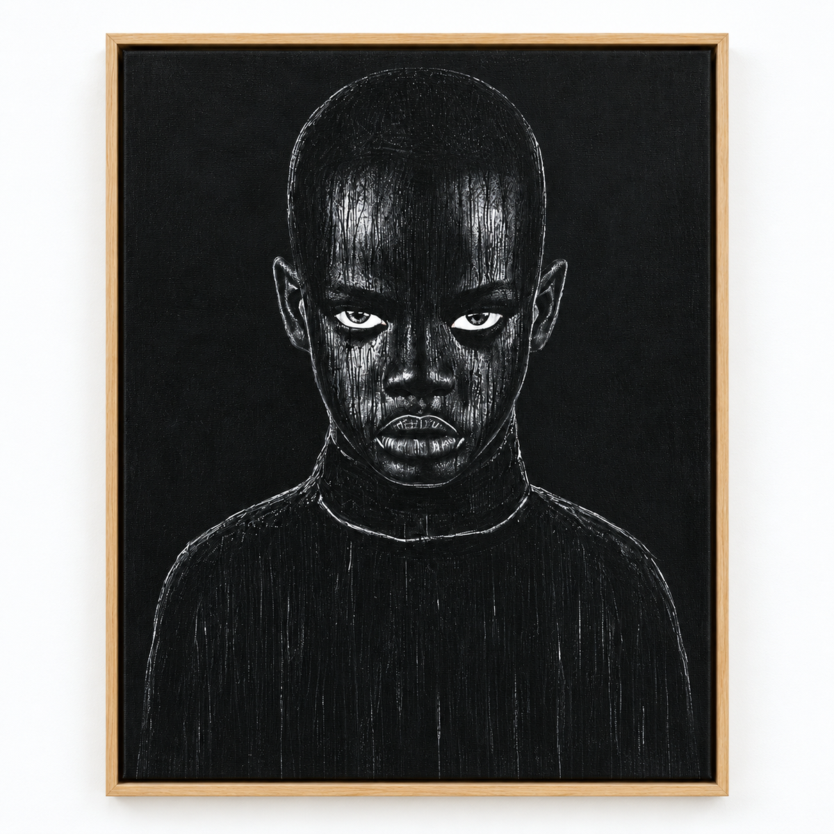 Black Portrait Painting Canvas Print – Midnight Gaze framed on a wall by Rossetti Art