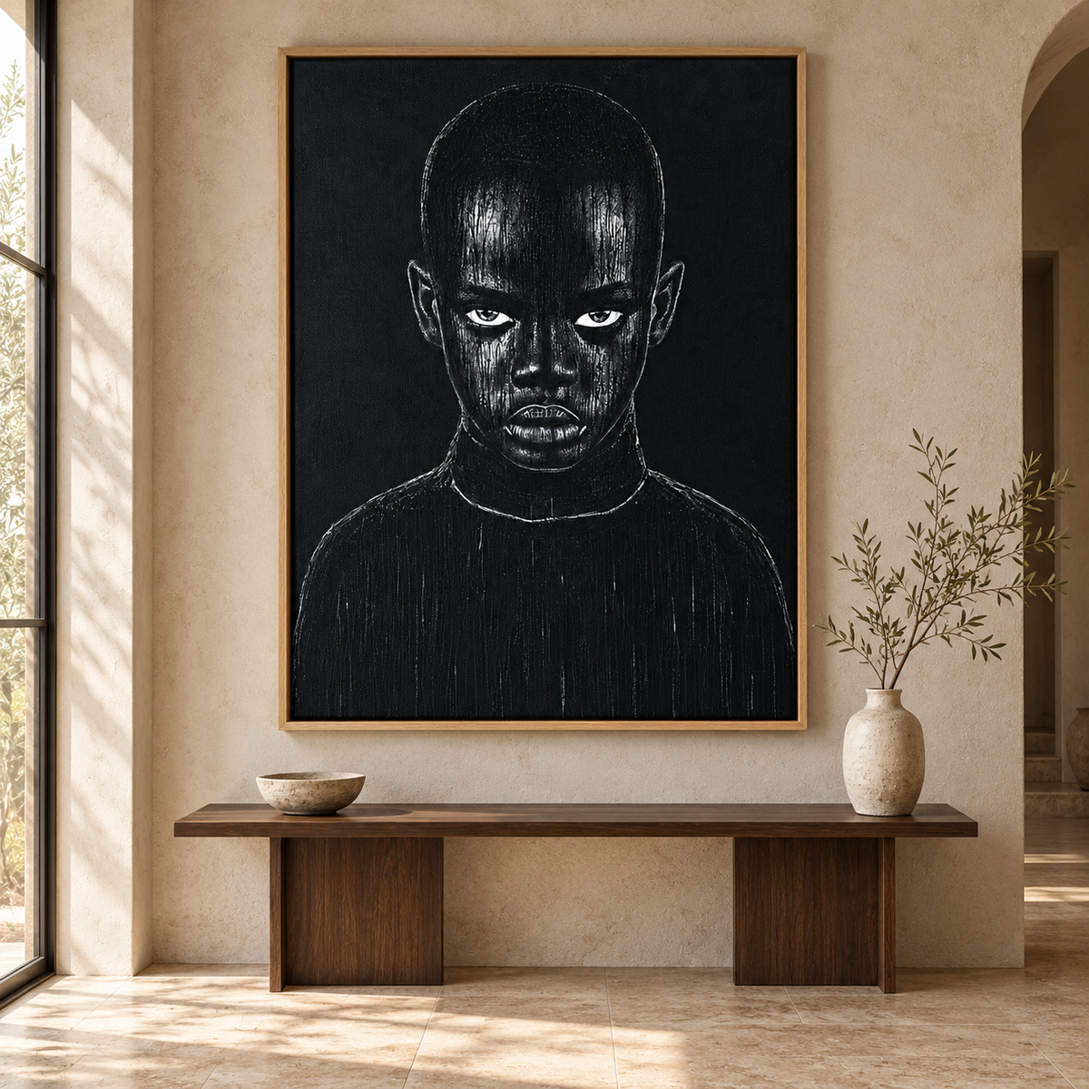 Black Portrait Painting Canvas Print – Midnight Gaze in a wabi-sabi entryway by Rossetti Art