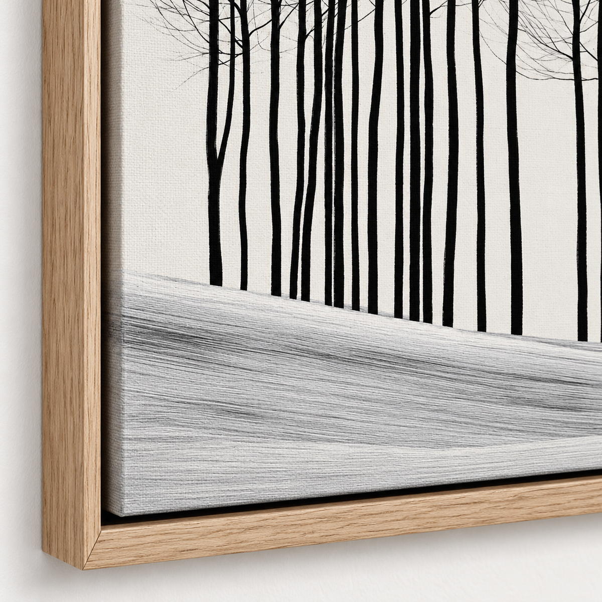 Black Tree Painting Canvas Print – Winter Grove floater frame corner detail by Rossetti Art