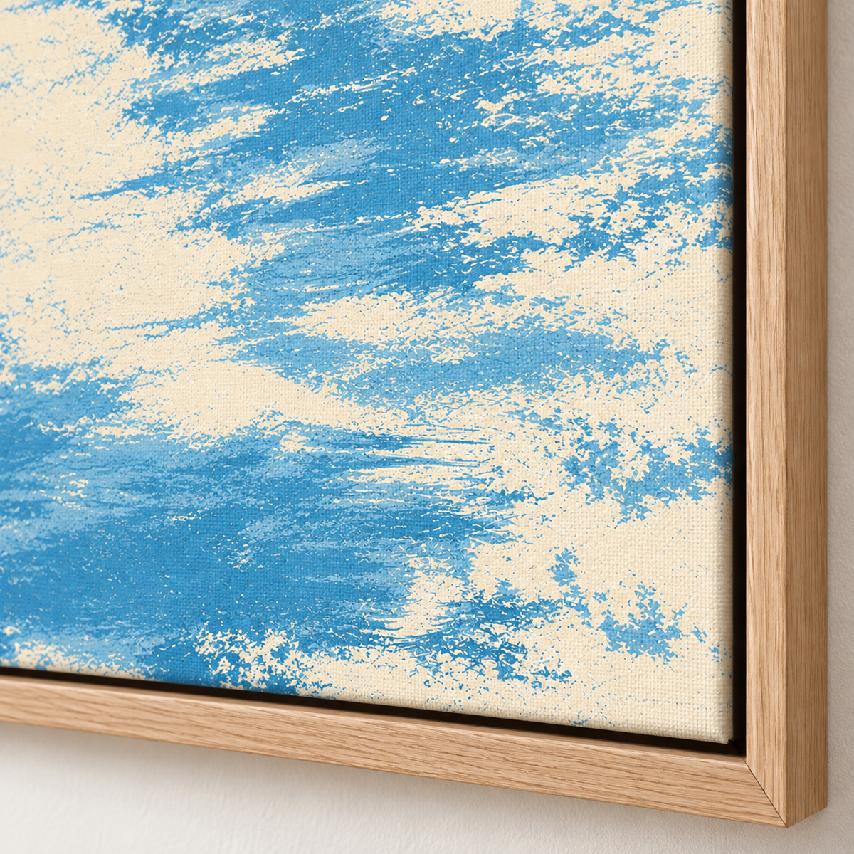 Blue and Beige Wall Art – Salt Wash by Rossetti Art – close-up of the dry-brush texture and floater frame corner