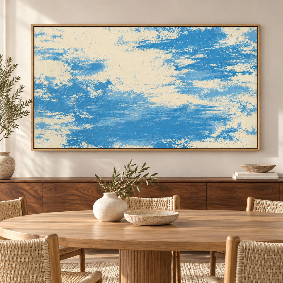 Blue and Beige Wall Art – Salt Wash by Rossetti Art – framed blue and cream abstract above a walnut sideboard in a dining room